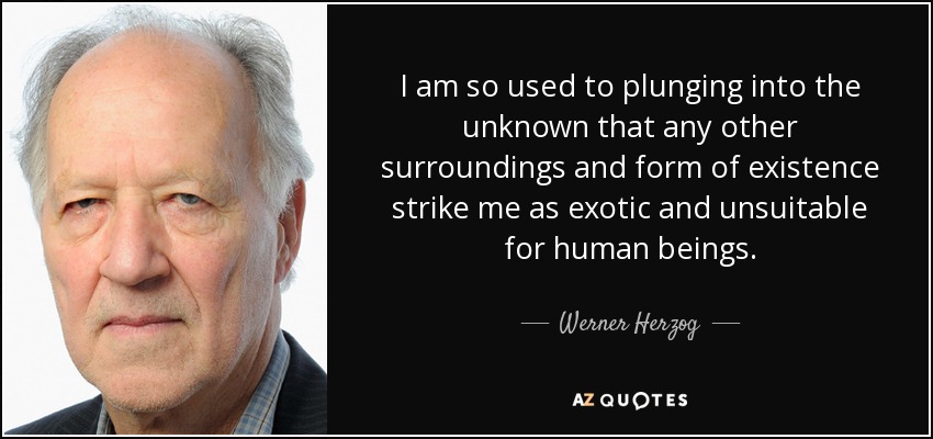 I am so used to plunging into the unknown that any other surroundings and form of existence strike me as exotic and unsuitable for human beings. - Werner Herzog
