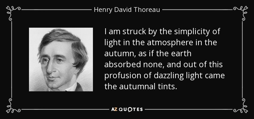 I am struck by the simplicity of light in the atmosphere in the autumn, as if the earth absorbed none, and out of this profusion of dazzling light came the autumnal tints. - Henry David Thoreau
