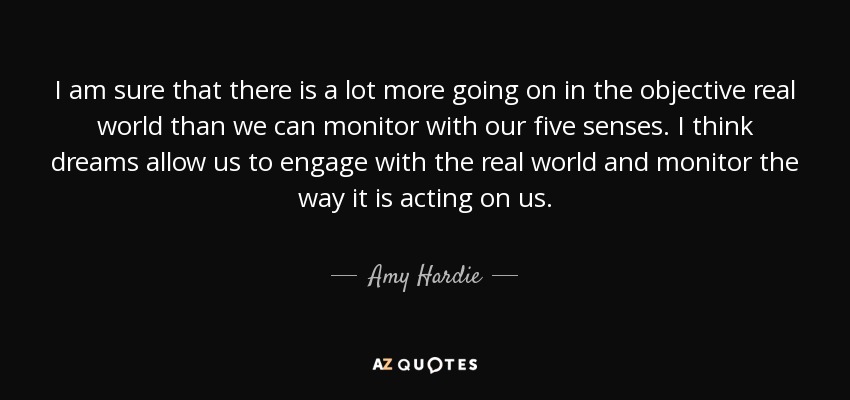 I am sure that there is a lot more going on in the objective real world than we can monitor with our five senses. I think dreams allow us to engage with the real world and monitor the way it is acting on us. - Amy Hardie
