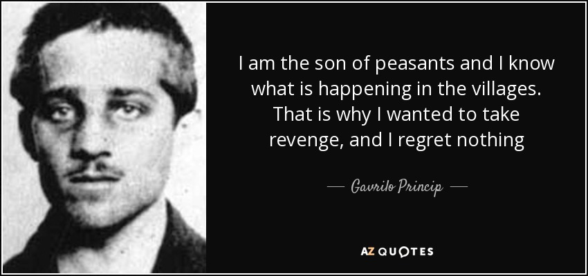I am the son of peasants and I know what is happening in the villages. That is why I wanted to take revenge, and I regret nothing - Gavrilo Princip