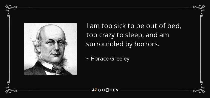 I am too sick to be out of bed, too crazy to sleep, and am surrounded by horrors. - Horace Greeley