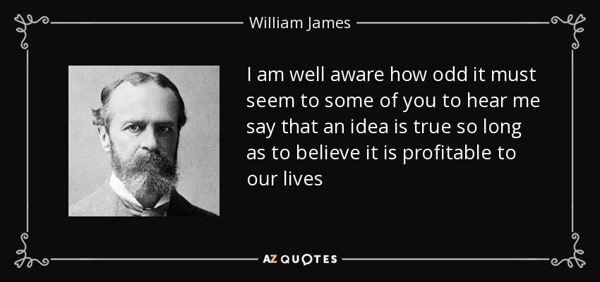 I am well aware how odd it must seem to some of you to hear me say that an idea is true so long as to believe it is profitable to our lives - William James