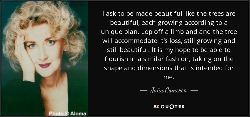 I ask to be made beautiful like the trees are beautiful, each growing according to a unique plan. Lop off a limb and and the tree will accommodate it's loss, still growing and still beautiful. It is my hope to be able to flourish in a similar fashion, taking on the shape and dimensions that is intended for me. - Julia Cameron