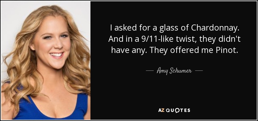 I asked for a glass of Chardonnay. And in a 9/11-like twist, they didn't have any. They offered me Pinot. - Amy Schumer