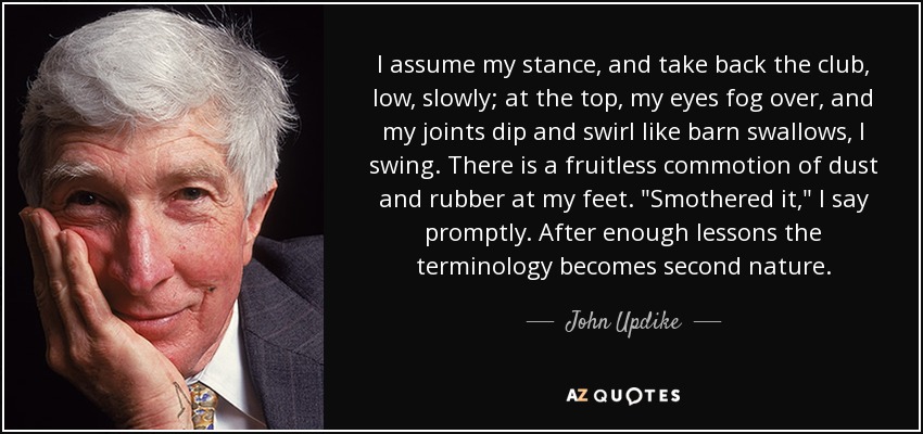 I assume my stance, and take back the club, low, slowly; at the top, my eyes fog over, and my joints dip and swirl like barn swallows, I swing. There is a fruitless commotion of dust and rubber at my feet. 