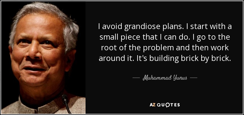 I avoid grandiose plans. I start with a small piece that I can do. I go to the root of the problem and then work around it. It's building brick by brick. - Muhammad Yunus