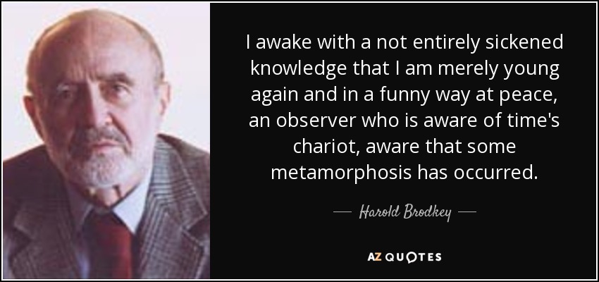 I awake with a not entirely sickened knowledge that I am merely young again and in a funny way at peace, an observer who is aware of time's chariot, aware that some metamorphosis has occurred. - Harold Brodkey