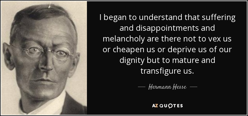 I began to understand that suffering and disappointments and melancholy are there not to vex us or cheapen us or deprive us of our dignity but to mature and transfigure us. - Hermann Hesse