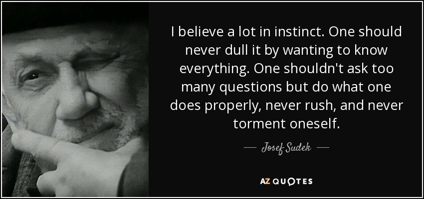 I believe a lot in instinct. One should never dull it by wanting to know everything. One shouldn't ask too many questions but do what one does properly, never rush, and never torment oneself. - Josef Sudek