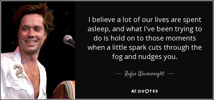 I believe a lot of our lives are spent asleep, and what I've been trying to do is hold on to those moments when a little spark cuts through the fog and nudges you. - Rufus Wainwright