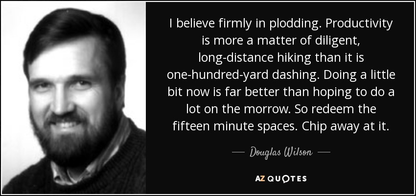 I believe firmly in plodding. Productivity is more a matter of diligent, long-distance hiking than it is one-hundred-yard dashing. Doing a little bit now is far better than hoping to do a lot on the morrow. So redeem the fifteen minute spaces. Chip away at it. - Douglas Wilson