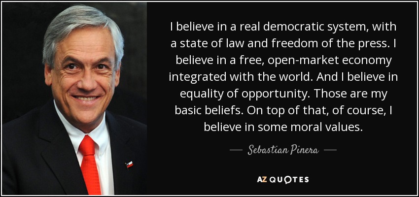 I believe in a real democratic system, with a state of law and freedom of the press. I believe in a free, open-market economy integrated with the world. And I believe in equality of opportunity. Those are my basic beliefs. On top of that, of course, I believe in some moral values. - Sebastian Pinera