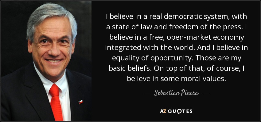 I believe in a real democratic system, with a state of law and freedom of the press. I believe in a free, open-market economy integrated with the world. And I believe in equality of opportunity. Those are my basic beliefs. On top of that, of course, I believe in some moral values. - Sebastian Pinera