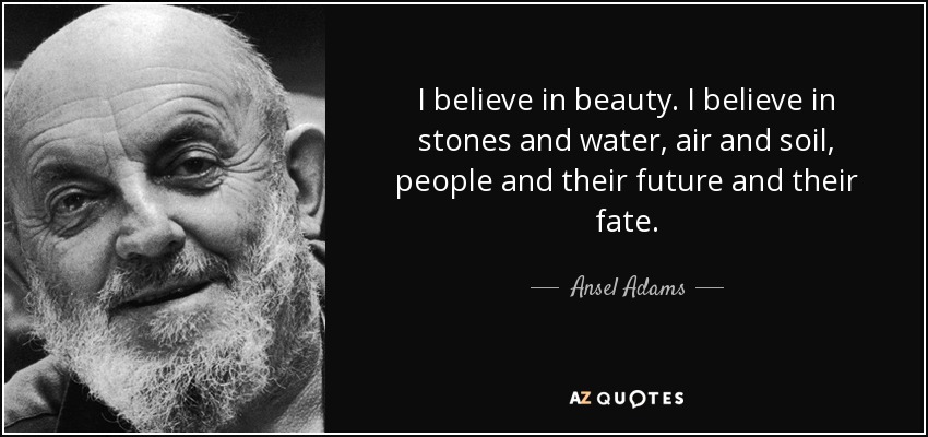 I believe in beauty. I believe in stones and water, air and soil, people and their future and their fate. - Ansel Adams