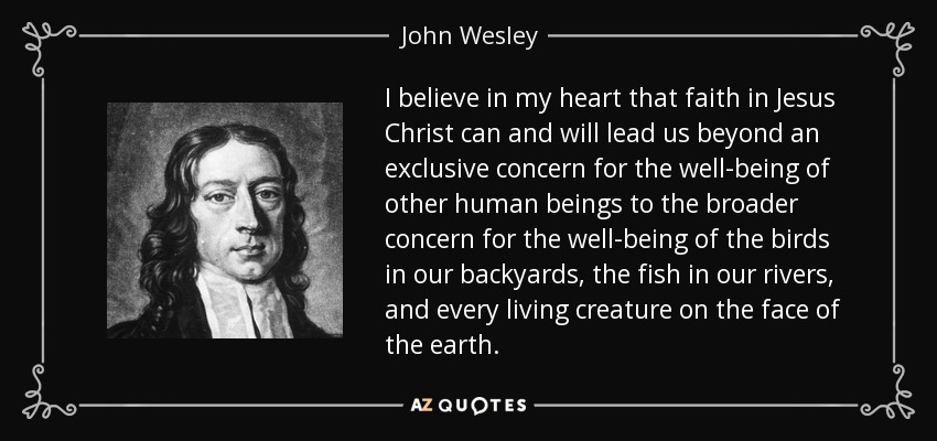 I believe in my heart that faith in Jesus Christ can and will lead us beyond an exclusive concern for the well-being of other human beings to the broader concern for the well-being of the birds in our backyards, the fish in our rivers, and every living creature on the face of the earth. - John Wesley