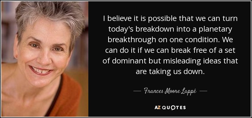 I believe it is possible that we can turn today's breakdown into a planetary breakthrough on one condition. We can do it if we can break free of a set of dominant but misleading ideas that are taking us down. - Frances Moore Lappé