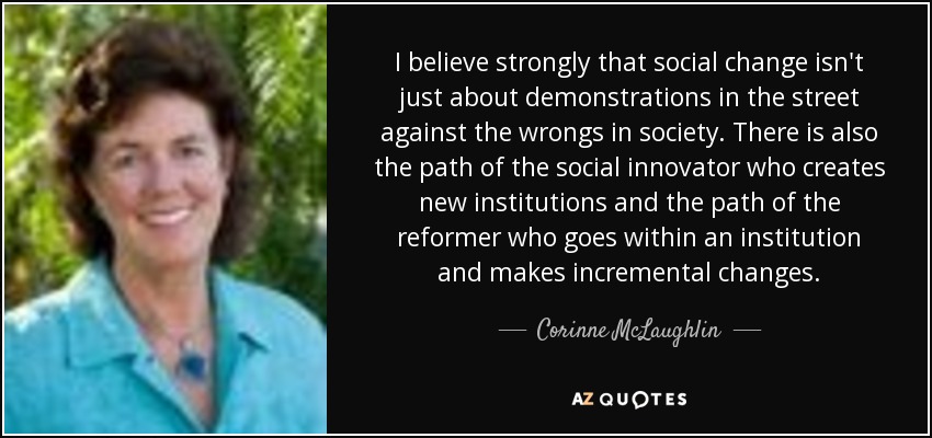 I believe strongly that social change isn't just about demonstrations in the street against the wrongs in society. There is also the path of the social innovator who creates new institutions and the path of the reformer who goes within an institution and makes incremental changes. - Corinne McLaughlin