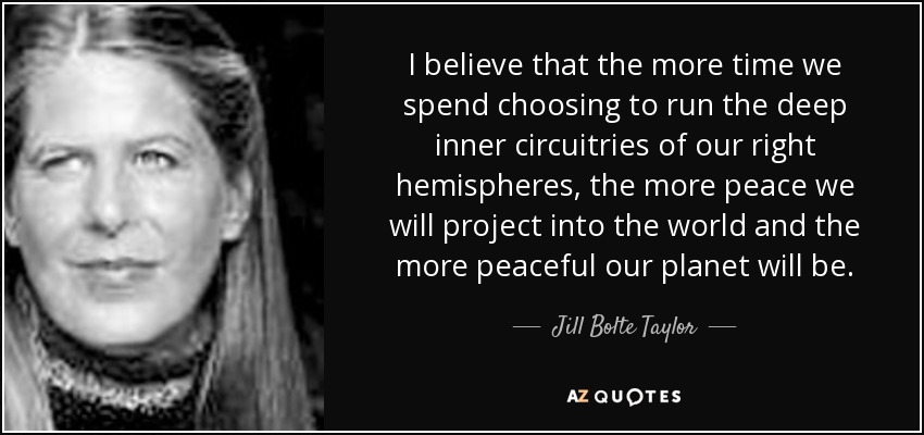 I believe that the more time we spend choosing to run the deep inner circuitries of our right hemispheres, the more peace we will project into the world and the more peaceful our planet will be. - Jill Bolte Taylor