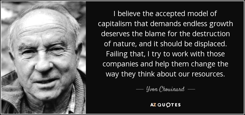 I believe the accepted model of capitalism that demands endless growth deserves the blame for the destruction of nature, and it should be displaced. Failing that, I try to work with those companies and help them change the way they think about our resources. - Yvon Chouinard
