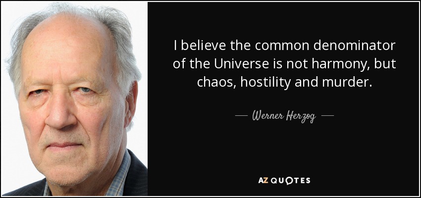I believe the common denominator of the Universe is not harmony, but chaos, hostility and murder. - Werner Herzog