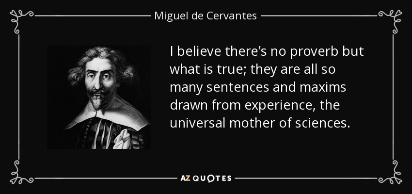 I believe there's no proverb but what is true; they are all so many sentences and maxims drawn from experience, the universal mother of sciences. - Miguel de Cervantes