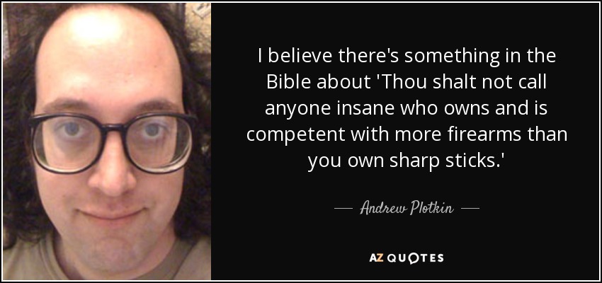 I believe there's something in the Bible about 'Thou shalt not call anyone insane who owns and is competent with more firearms than you own sharp sticks.' - Andrew Plotkin