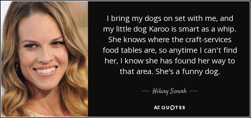 I bring my dogs on set with me, and my little dog Karoo is smart as a whip. She knows where the craft-services food tables are, so anytime I can't find her, I know she has found her way to that area. She's a funny dog. - Hilary Swank