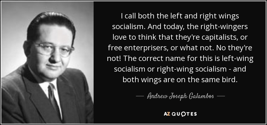 I call both the left and right wings socialism. And today, the right-wingers love to think that they're capitalists, or free enterprisers, or what not. No they're not! The correct name for this is left-wing socialism or right-wing socialism - and both wings are on the same bird. - Andrew Joseph Galambos