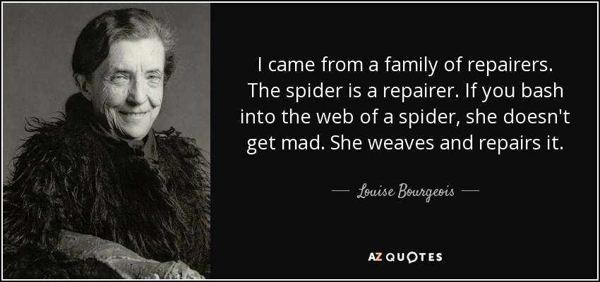 I came from a family of repairers. The spider is a repairer. If you bash into the web of a spider, she doesn't get mad. She weaves and repairs it. - Louise Bourgeois