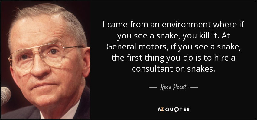 I came from an environment where if you see a snake, you kill it. At General motors, if you see a snake, the first thing you do is to hire a consultant on snakes. - Ross Perot