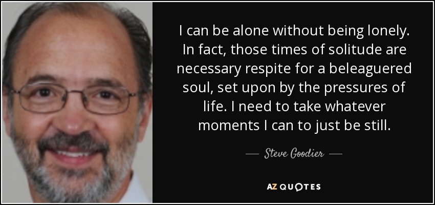 I can be alone without being lonely. In fact, those times of solitude are necessary respite for a beleaguered soul, set upon by the pressures of life. I need to take whatever moments I can to just be still. - Steve Goodier