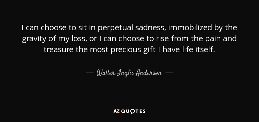 I can choose to sit in perpetual sadness, immobilized by the gravity of my loss, or I can choose to rise from the pain and treasure the most precious gift I have-life itself. - Walter Inglis Anderson