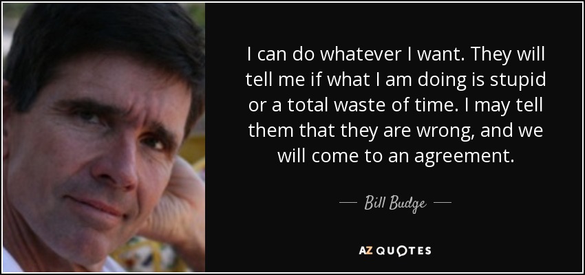 I can do whatever I want. They will tell me if what I am doing is stupid or a total waste of time. I may tell them that they are wrong, and we will come to an agreement. - Bill Budge