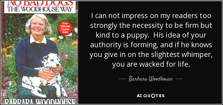 I can not impress on my readers too strongly the necessity to be firm but kind to a puppy. His idea of your authority is forming, and if he knows you give in on the slightest whimper, you are wacked for life. - Barbara Woodhouse