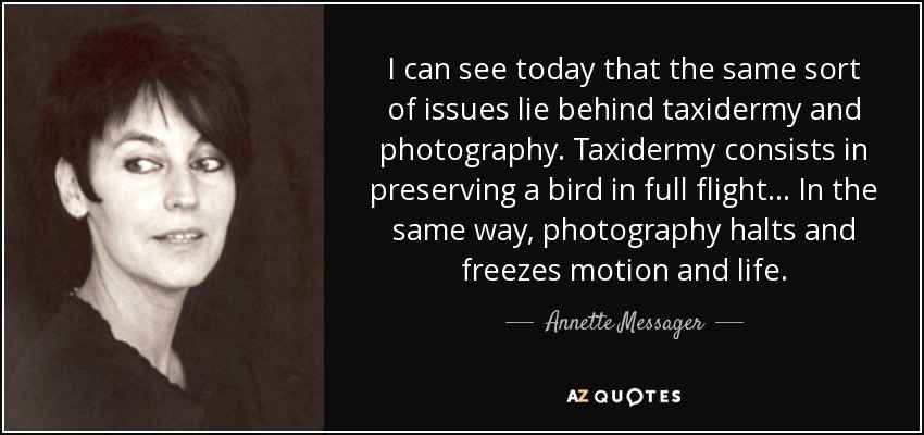 I can see today that the same sort of issues lie behind taxidermy and photography. Taxidermy consists in preserving a bird in full flight... In the same way, photography halts and freezes motion and life. - Annette Messager