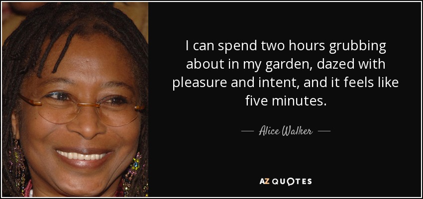 I can spend two hours grubbing about in my garden, dazed with pleasure and intent, and it feels like five minutes. - Alice Walker