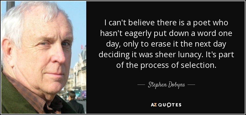 I can't believe there is a poet who hasn't eagerly put down a word one day, only to erase it the next day deciding it was sheer lunacy. It's part of the process of selection. - Stephen Dobyns