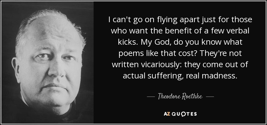 I can't go on flying apart just for those who want the benefit of a few verbal kicks. My God, do you know what poems like that cost? They're not written vicariously: they come out of actual suffering, real madness. - Theodore Roethke