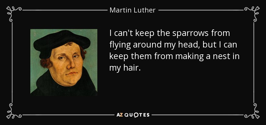 I can't keep the sparrows from flying around my head, but I can keep them from making a nest in my hair. - Martin Luther