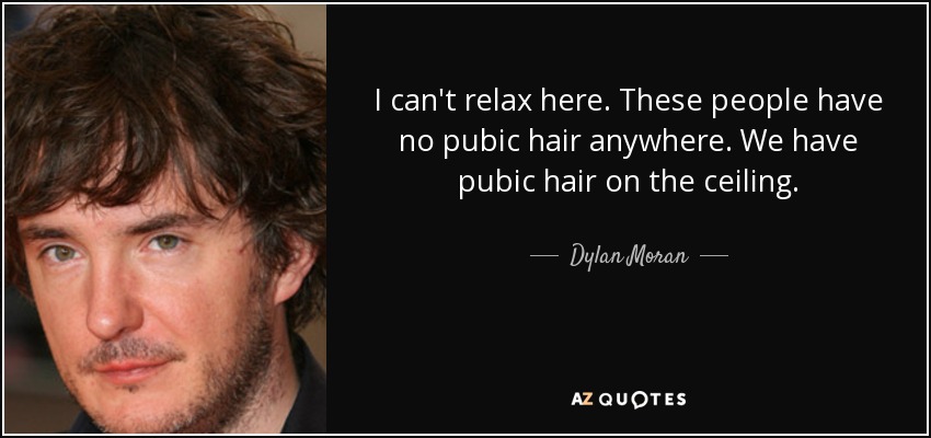 I can't relax here. These people have no pubic hair anywhere. We have pubic hair on the ceiling. - Dylan Moran