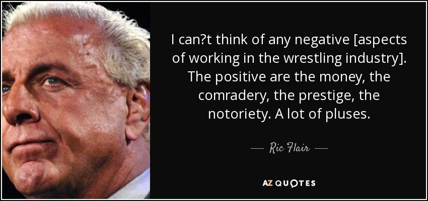 I cant think of any negative [aspects of working in the wrestling industry]. The positive are the money, the comradery, the prestige, the notoriety. A lot of pluses. - Ric Flair