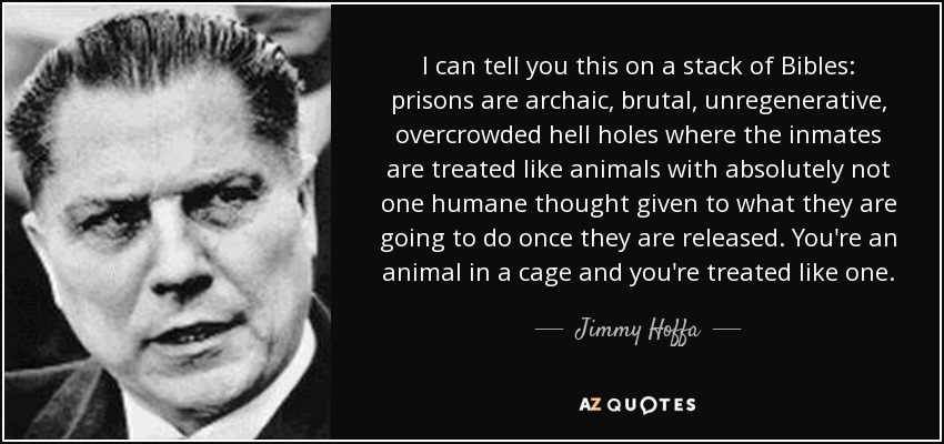 I can tell you this on a stack of Bibles: prisons are archaic, brutal, unregenerative, overcrowded hell holes where the inmates are treated like animals with absolutely not one humane thought given to what they are going to do once they are released. You're an animal in a cage and you're treated like one. - Jimmy Hoffa