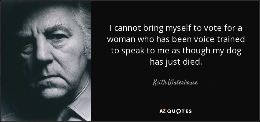 I cannot bring myself to vote for a woman who has been voice-trained to speak to me as though my dog has just died. - Keith Waterhouse