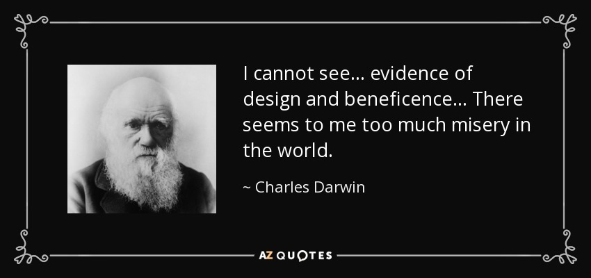 I cannot see ... evidence of design and beneficence ... There seems to me too much misery in the world. - Charles Darwin