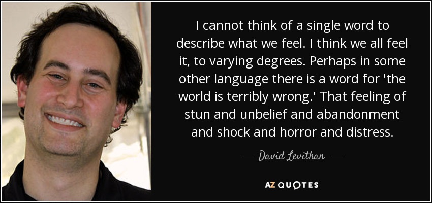 I cannot think of a single word to describe what we feel. I think we all feel it, to varying degrees. Perhaps in some other language there is a word for 'the world is terribly wrong.' That feeling of stun and unbelief and abandonment and shock and horror and distress. - David Levithan