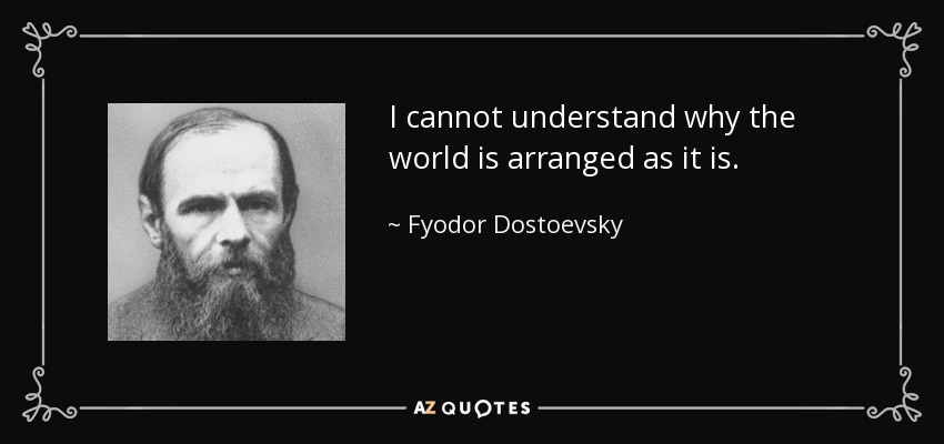 I cannot understand why the world is arranged as it is. - Fyodor Dostoevsky