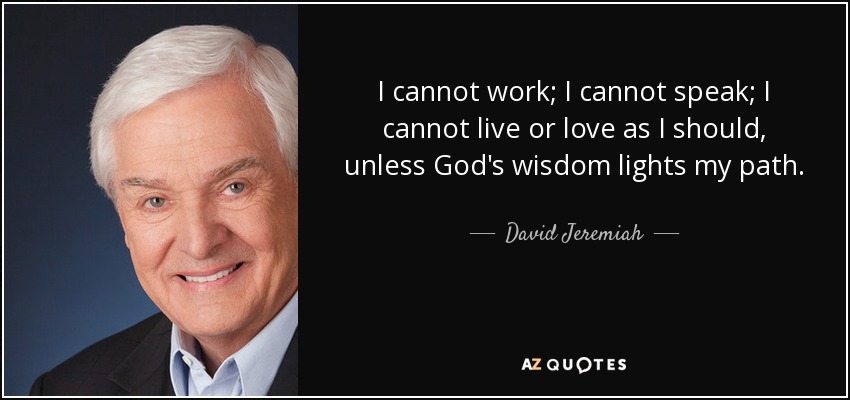 I cannot work; I cannot speak; I cannot live or love as I should, unless God's wisdom lights my path. - David Jeremiah