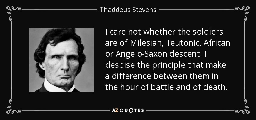I care not whether the soldiers are of Milesian, Teutonic, African or Angelo-Saxon descent. I despise the principle that make a difference between them in the hour of battle and of death. - Thaddeus Stevens