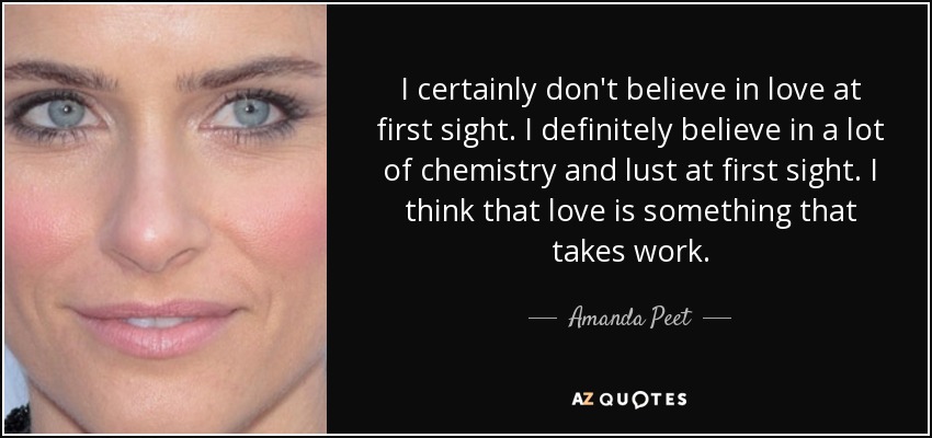 I certainly don't believe in love at first sight. I definitely believe in a lot of chemistry and lust at first sight. I think that love is something that takes work. - Amanda Peet
