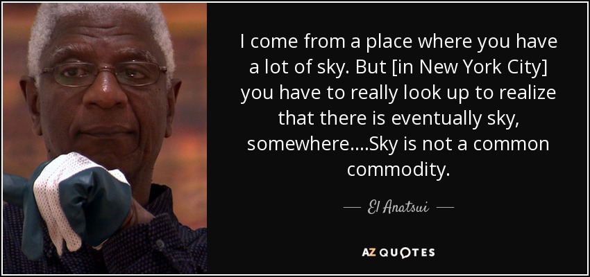 I come from a place where you have a lot of sky. But [in New York City] you have to really look up to realize that there is eventually sky, somewhere. ...Sky is not a common commodity. - El Anatsui